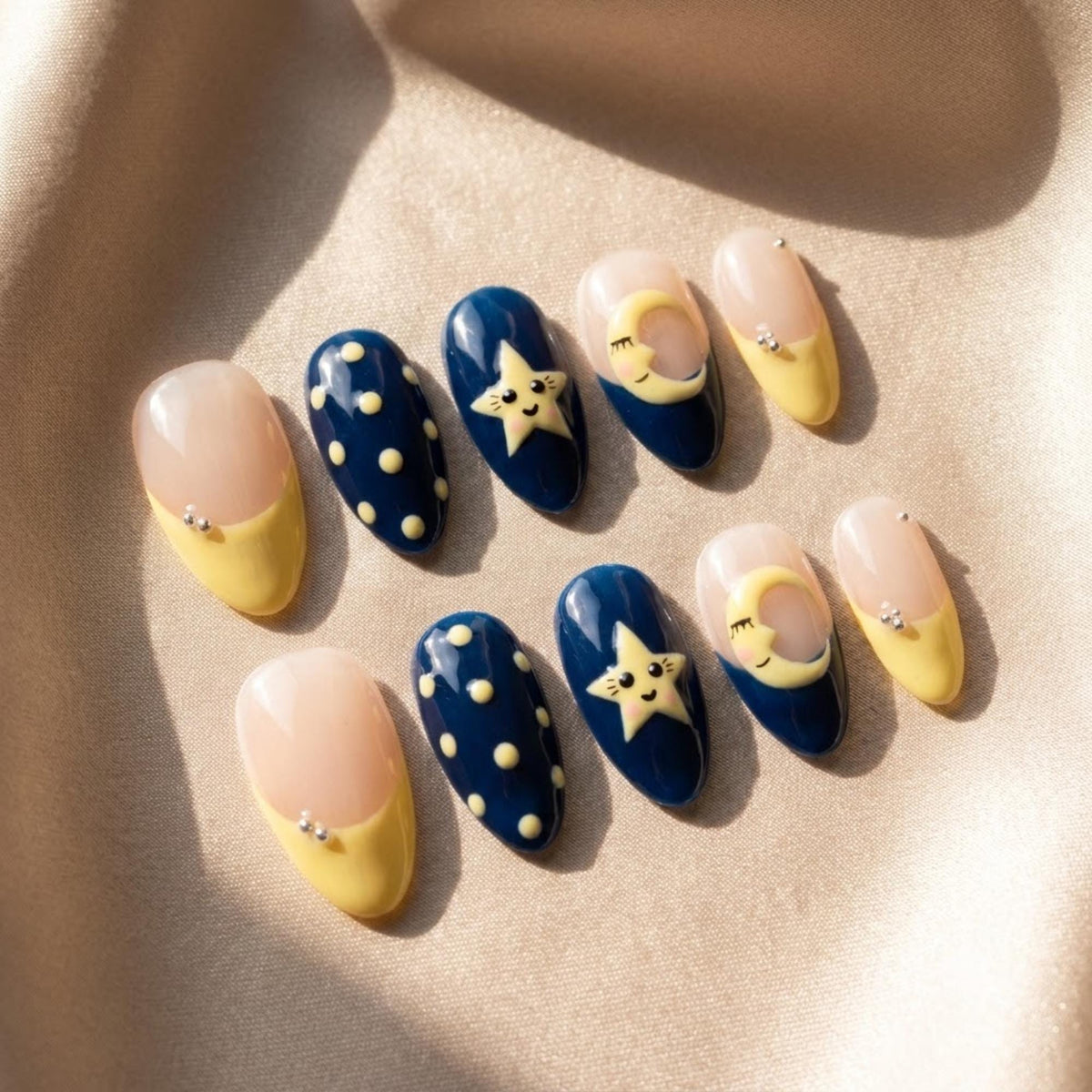 Navy Celestial Moon and Star Nails With Yellow French Tips