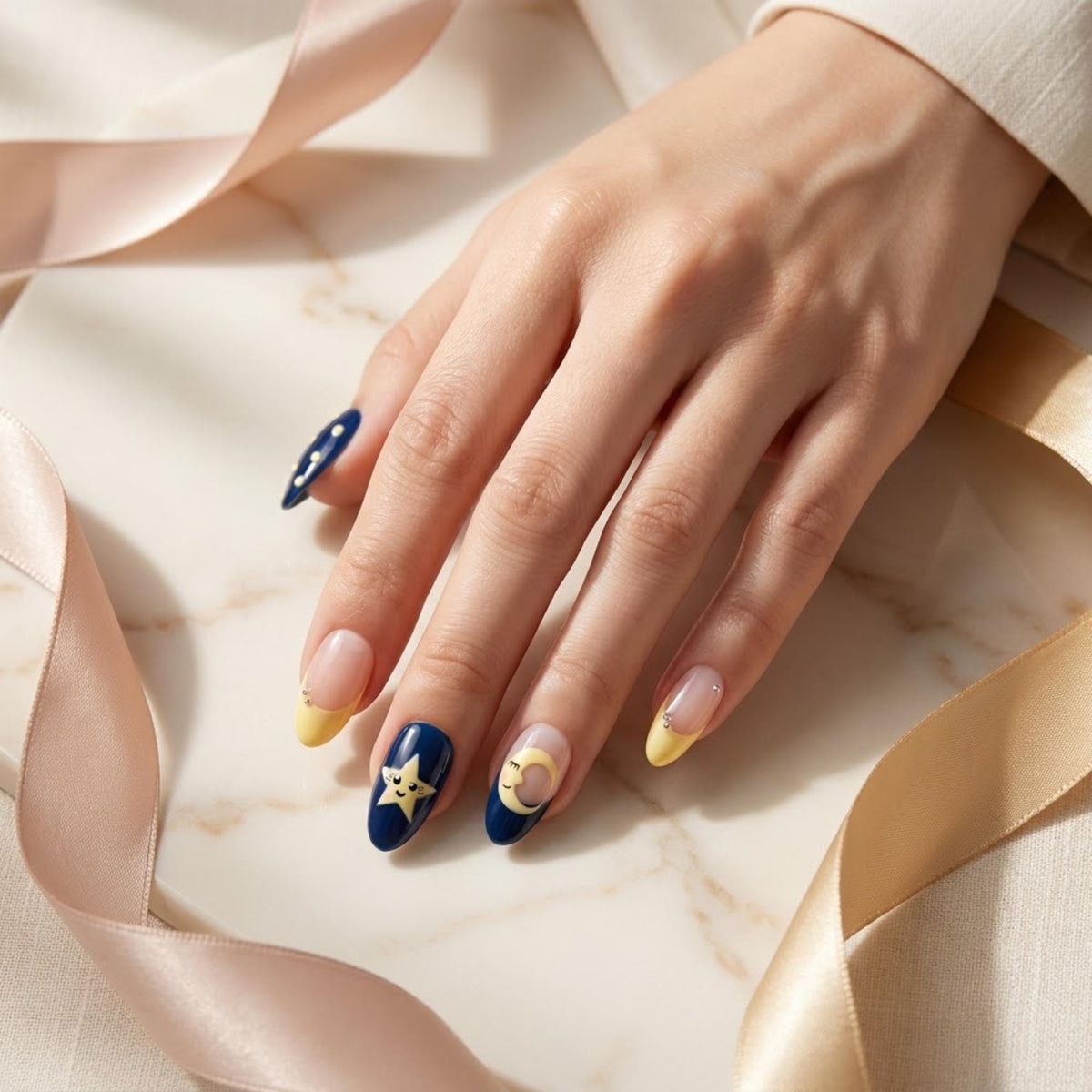 Navy Celestial Moon and Star Nails With Yellow French Tips