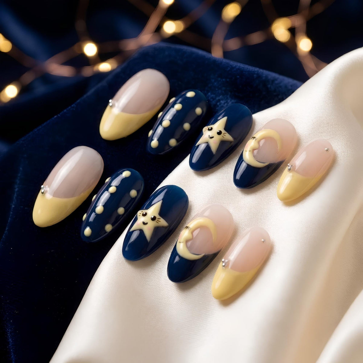 Navy Celestial Moon and Star Nails With Yellow French Tips