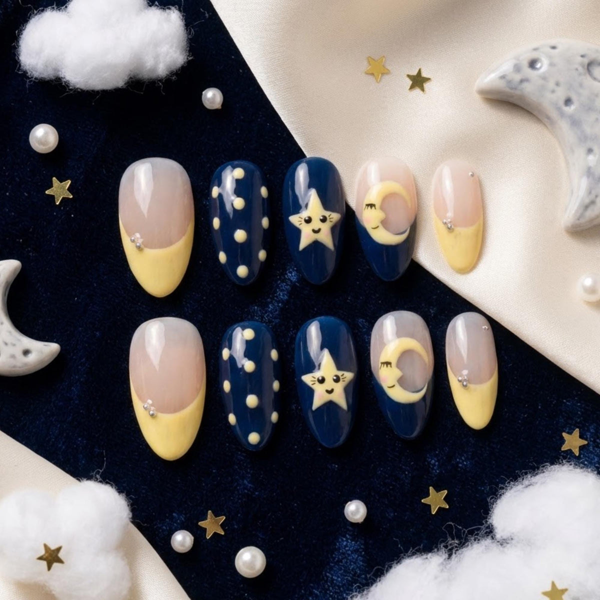 Navy Celestial Moon and Star Nails With Yellow French Tips