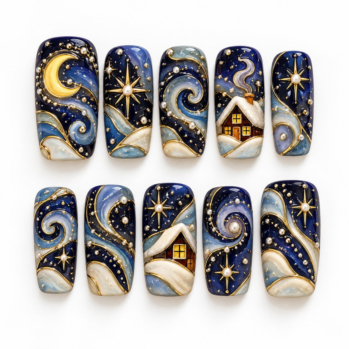 Navy Celestial Winter Nails With Gold Stars, Moons, and Snowy Cottages