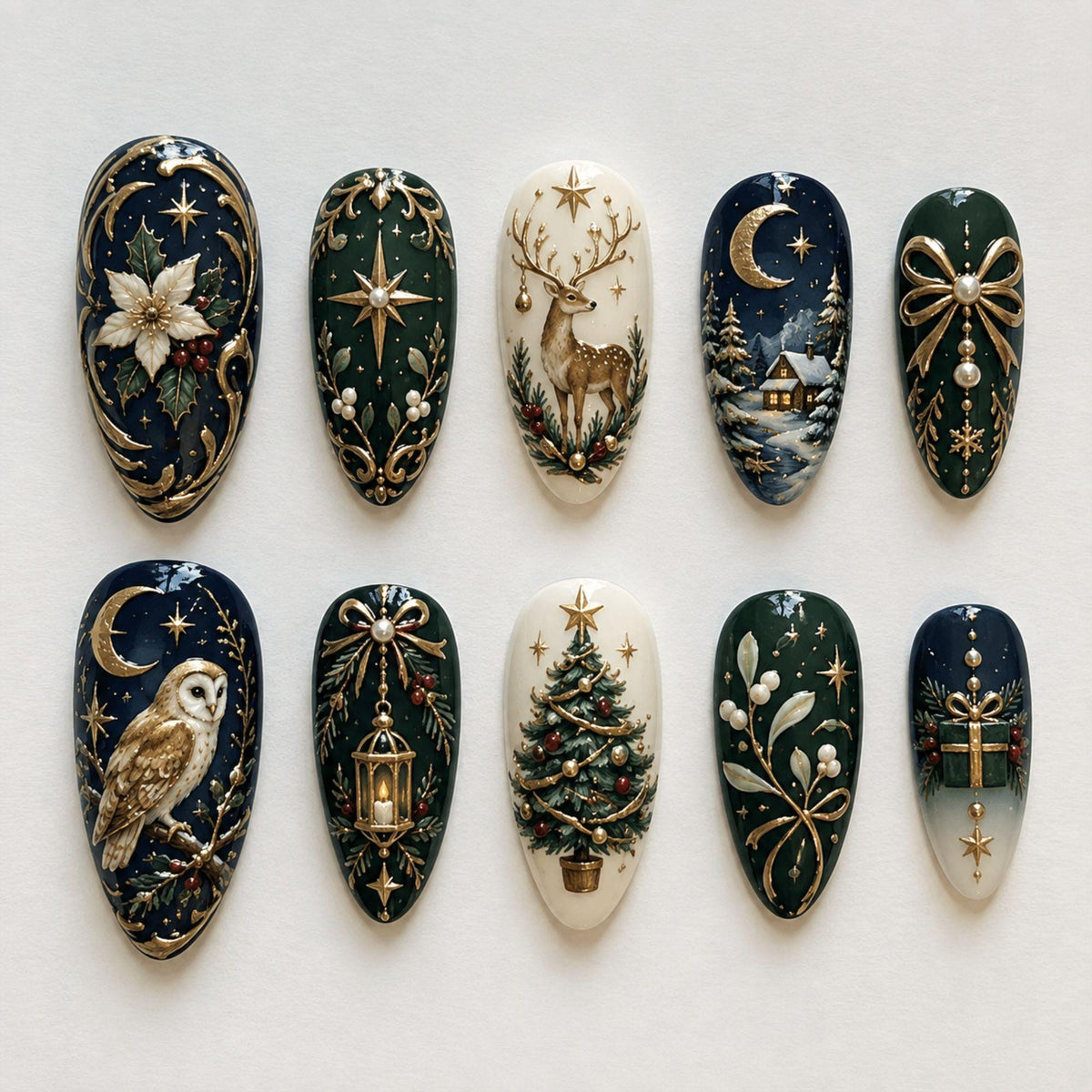 Navy, Forest Green and Ivory Christmas Nails with Gold Winter Illustrations