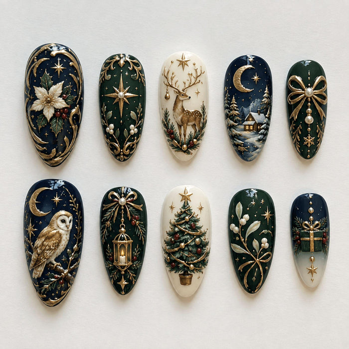 Navy, Forest Green and Ivory Christmas Press On Nails with Gold Winter Illustrations