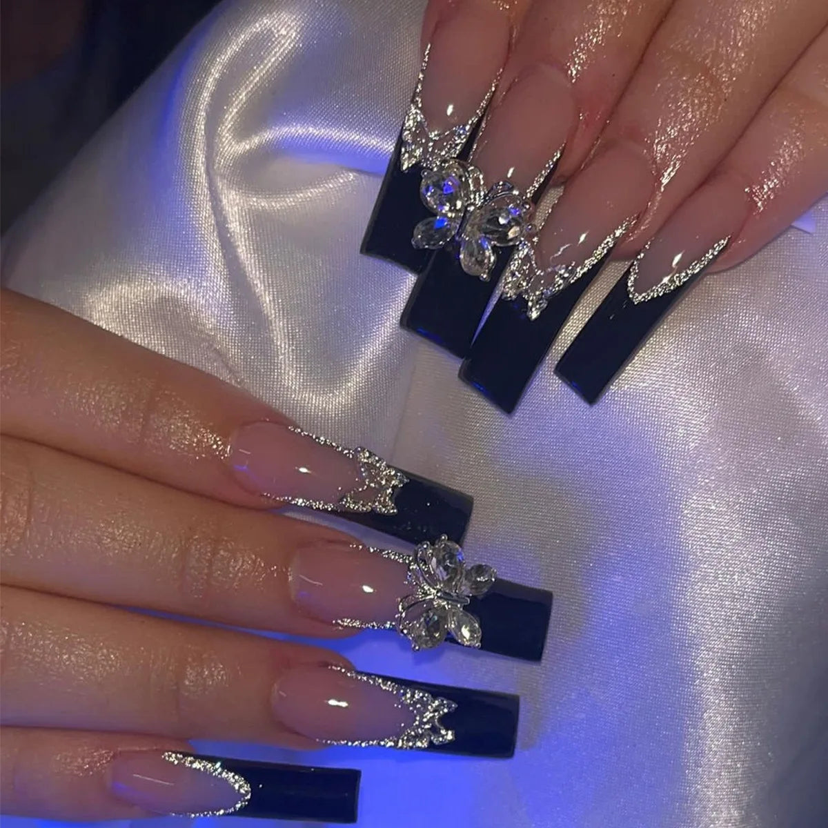 Navy French Tip Press On Nails with Crystal Rhinestone Charms