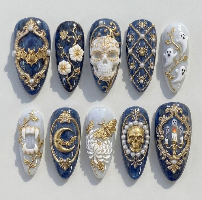Navy Marble Gothic Press On Nails With Gold Frames, Skulls, Ghosts and 3D Details