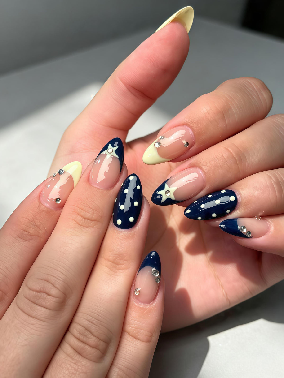 Navy Polka Dot and Star Press On Nails with Rhinestone Accents