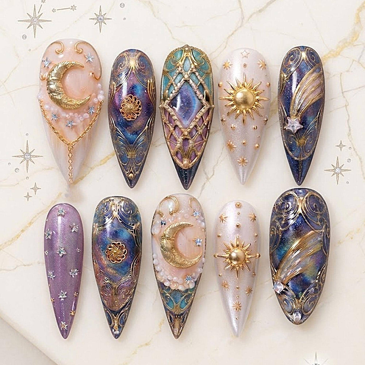 Navy, Purple & Blush Celestial Moon and Sun Press-On Nail Set