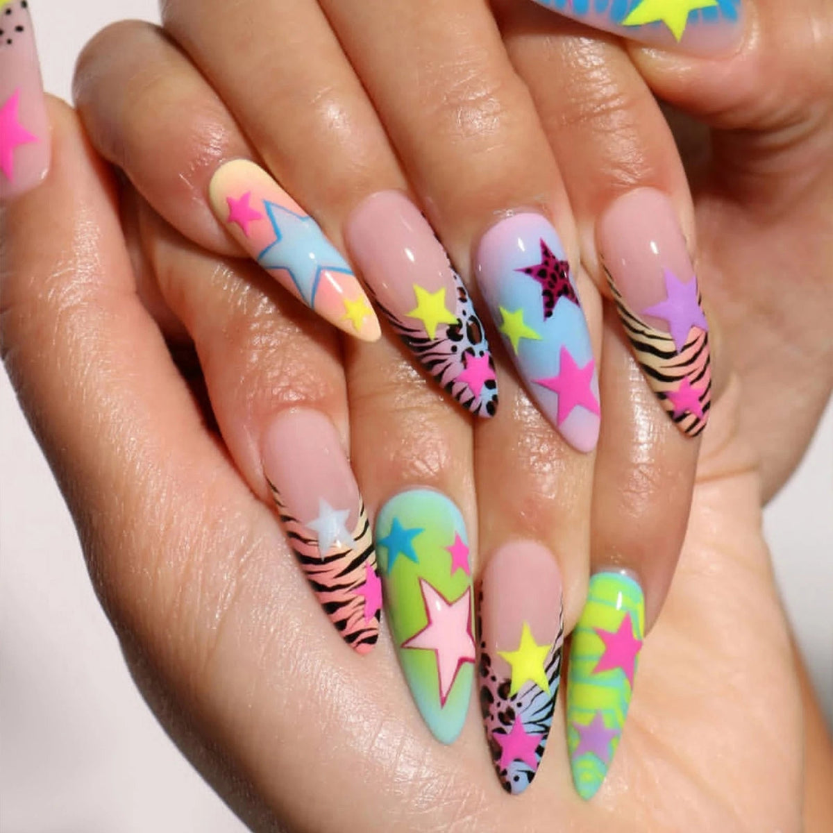 Neon and Pastel Star Zebra Stripe Nail Set