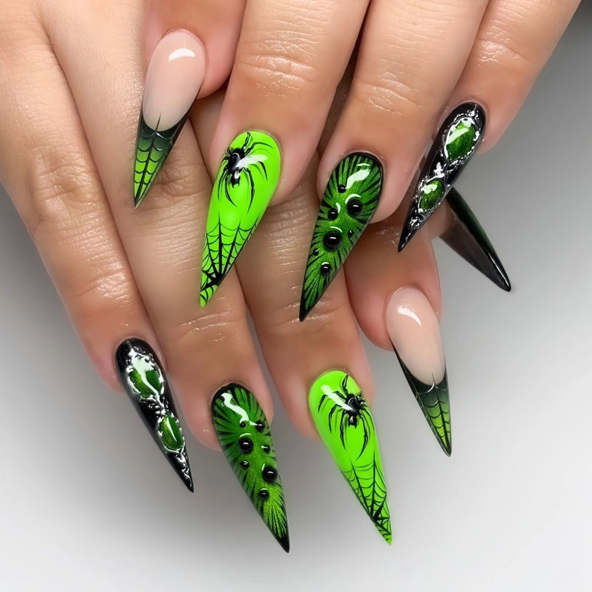 Neon Green and Black Halloween Spiderweb Press On Nails