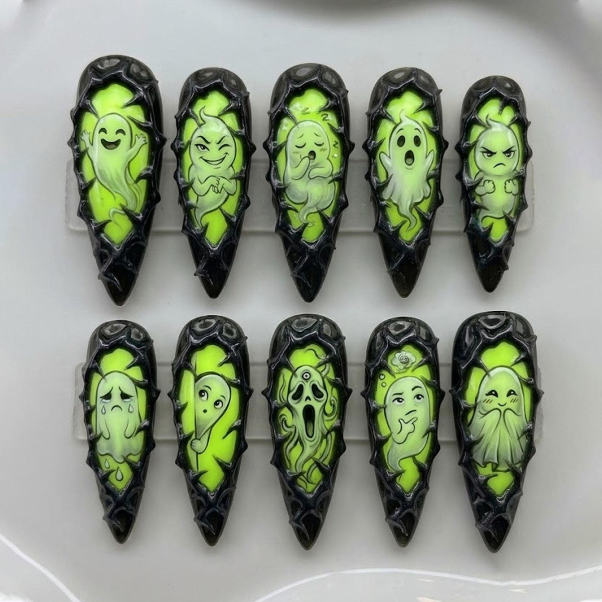 Neon Green Halloween Ghost Press On Nails with Black Ornamental Borders