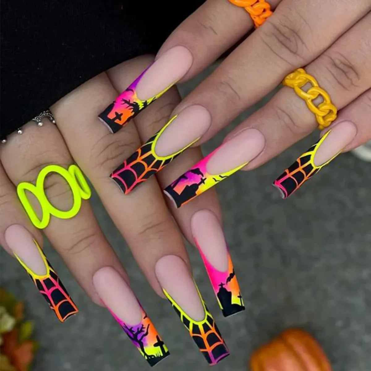Neon Halloween Spiderweb French Tip Press On Nails