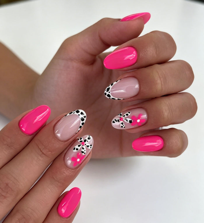 Neon Pink Cow Print and Raised Flower Accent Press On Nail Set