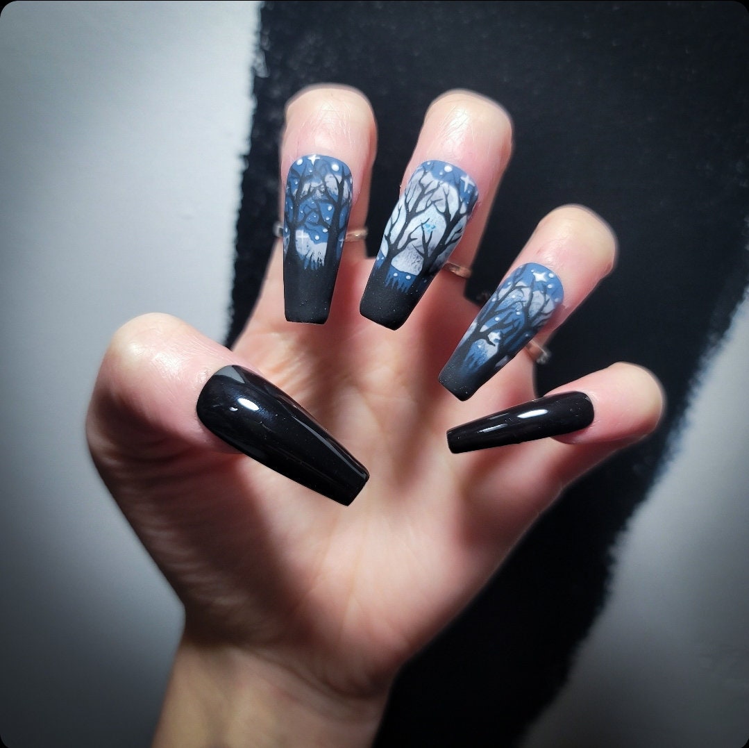 Nightfall Glow-in-the-Dark Blue Tree Press-On Nail Set