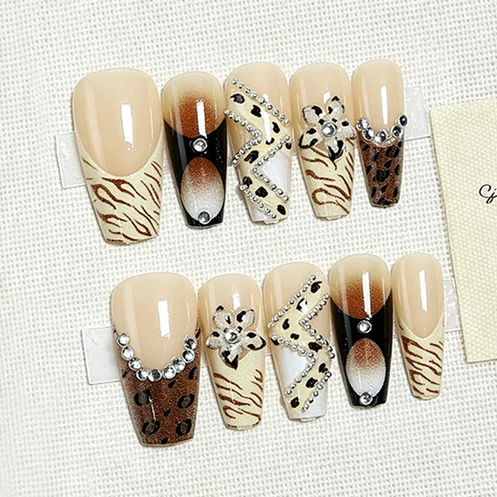 Nude and Beige Animal Print French Tip Press On Nails with Rhinestones and Flower Detail