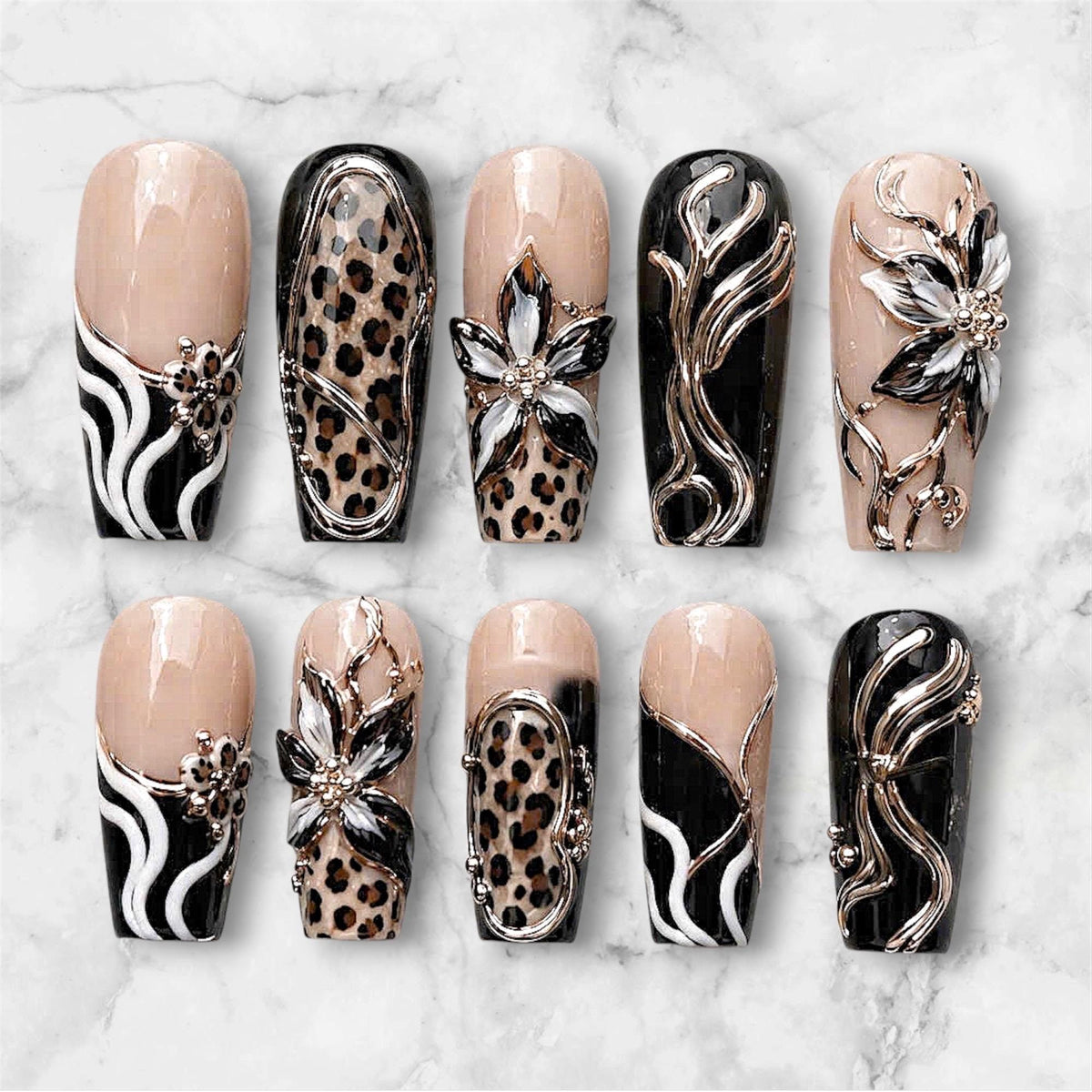 Nude and Black Leopard Print Nails with Raised Silver Floral Details
