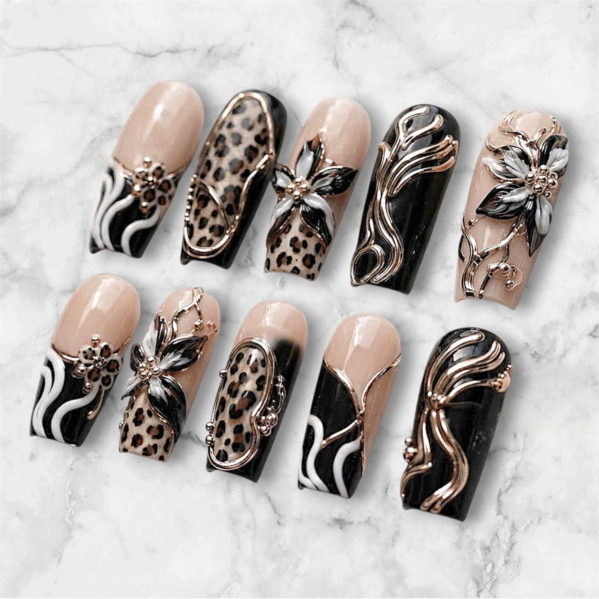 Nude and Black Leopard Print Nails with Raised Silver Floral Details