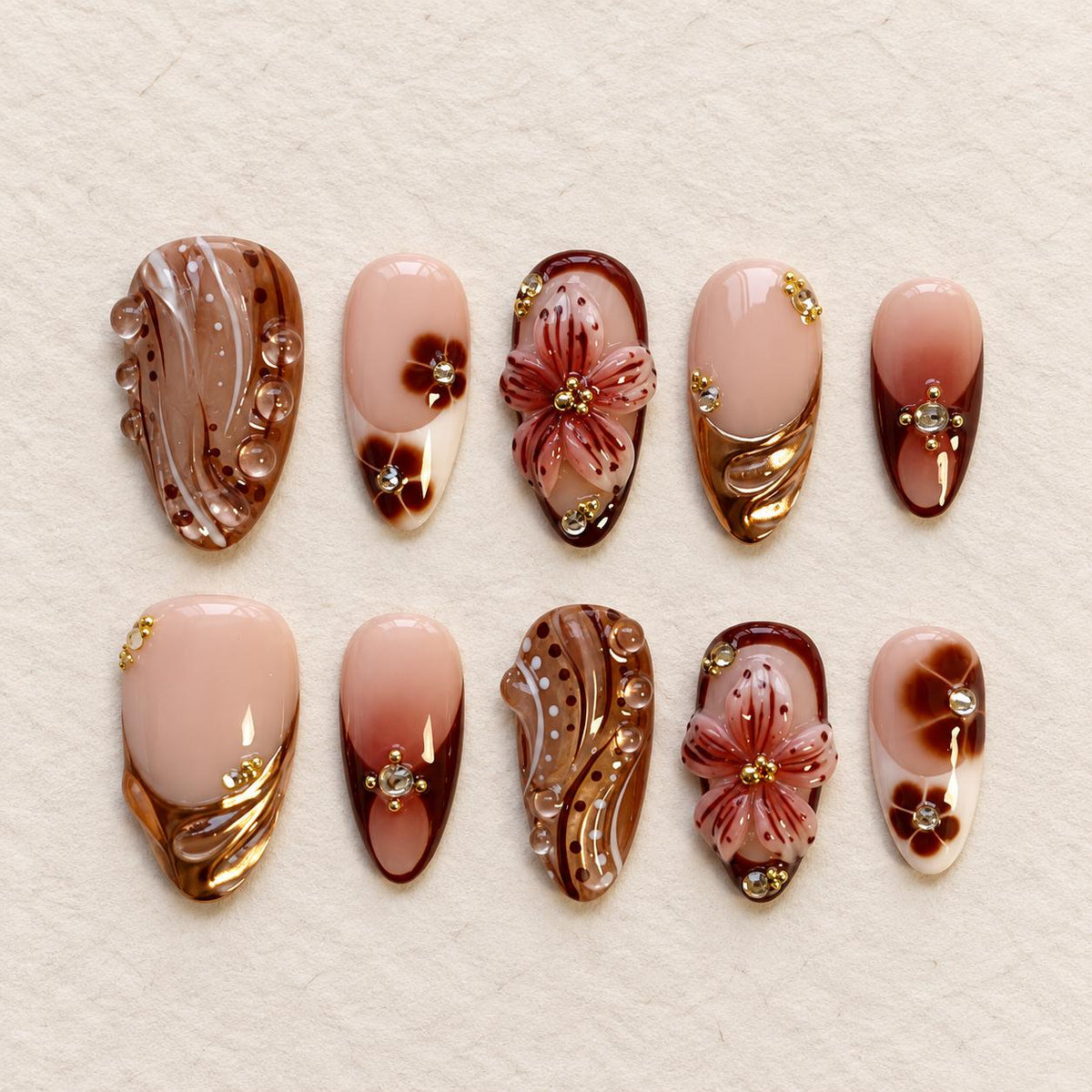 Nude and Brown Floral Press-On Nails with 3D Flowers and Gold Chrome