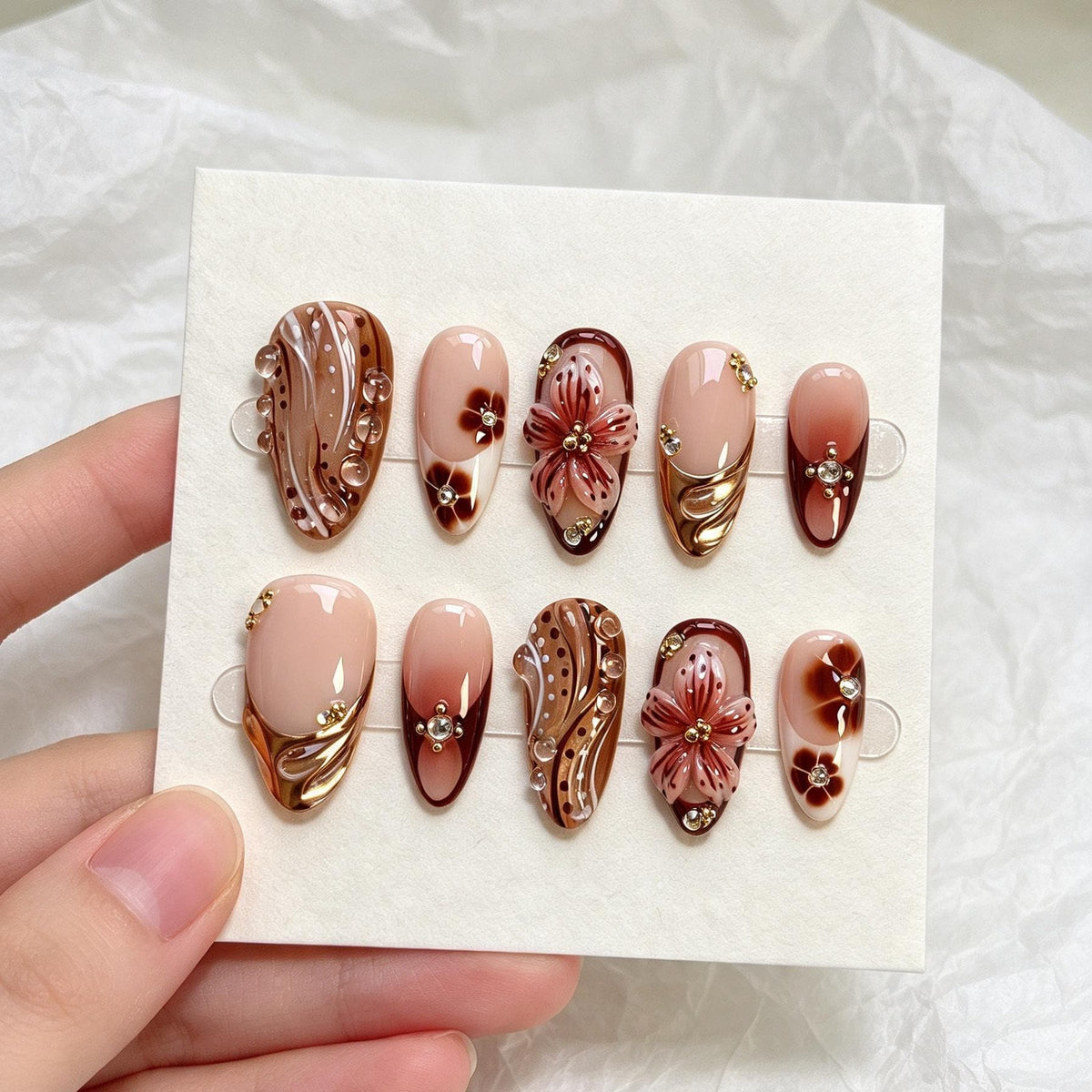 Nude and Brown Floral Press-On Nails with 3D Flowers and Gold Chrome