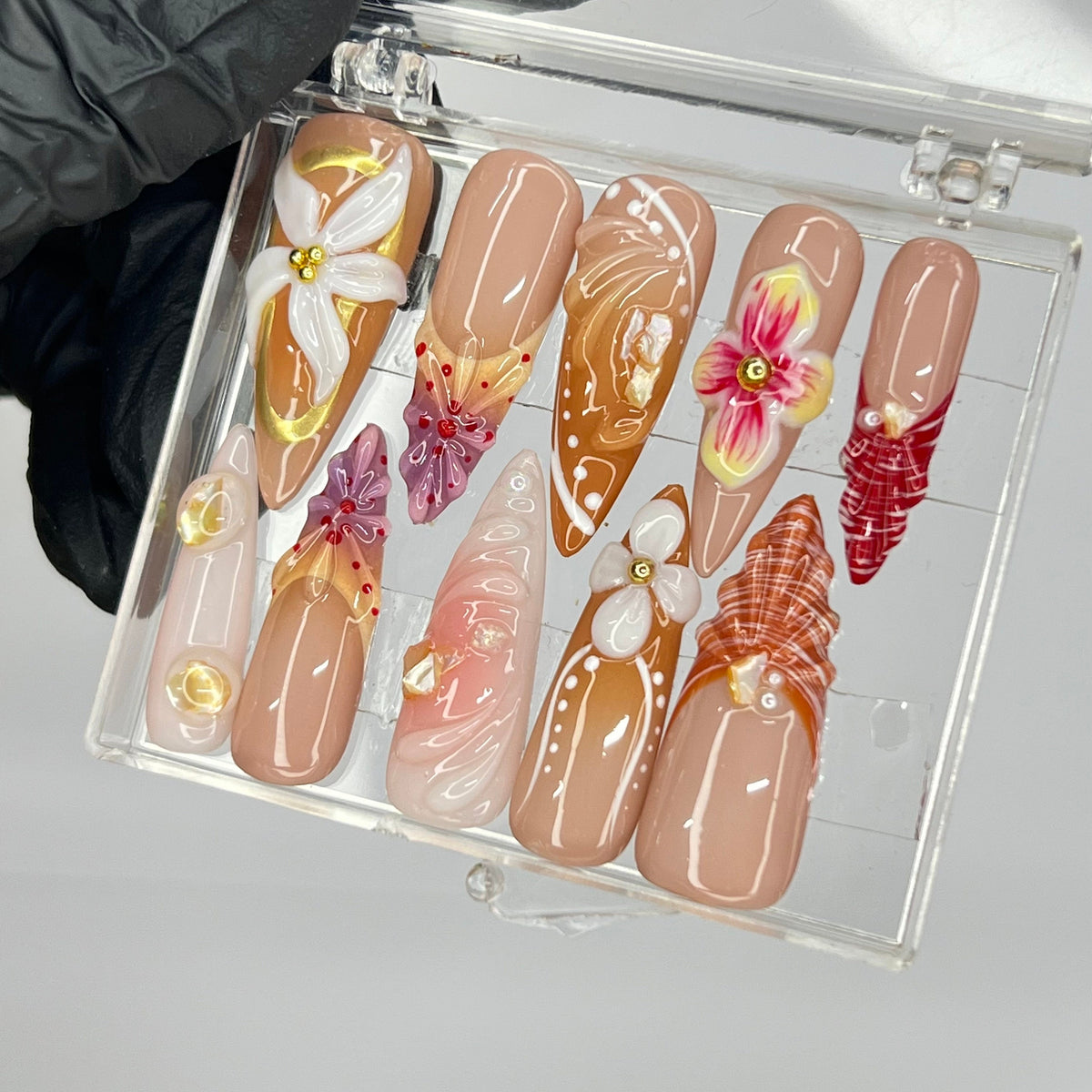 Nude and Caramel Floral Press On Nails with Sculpted Flowers and Gold Accents