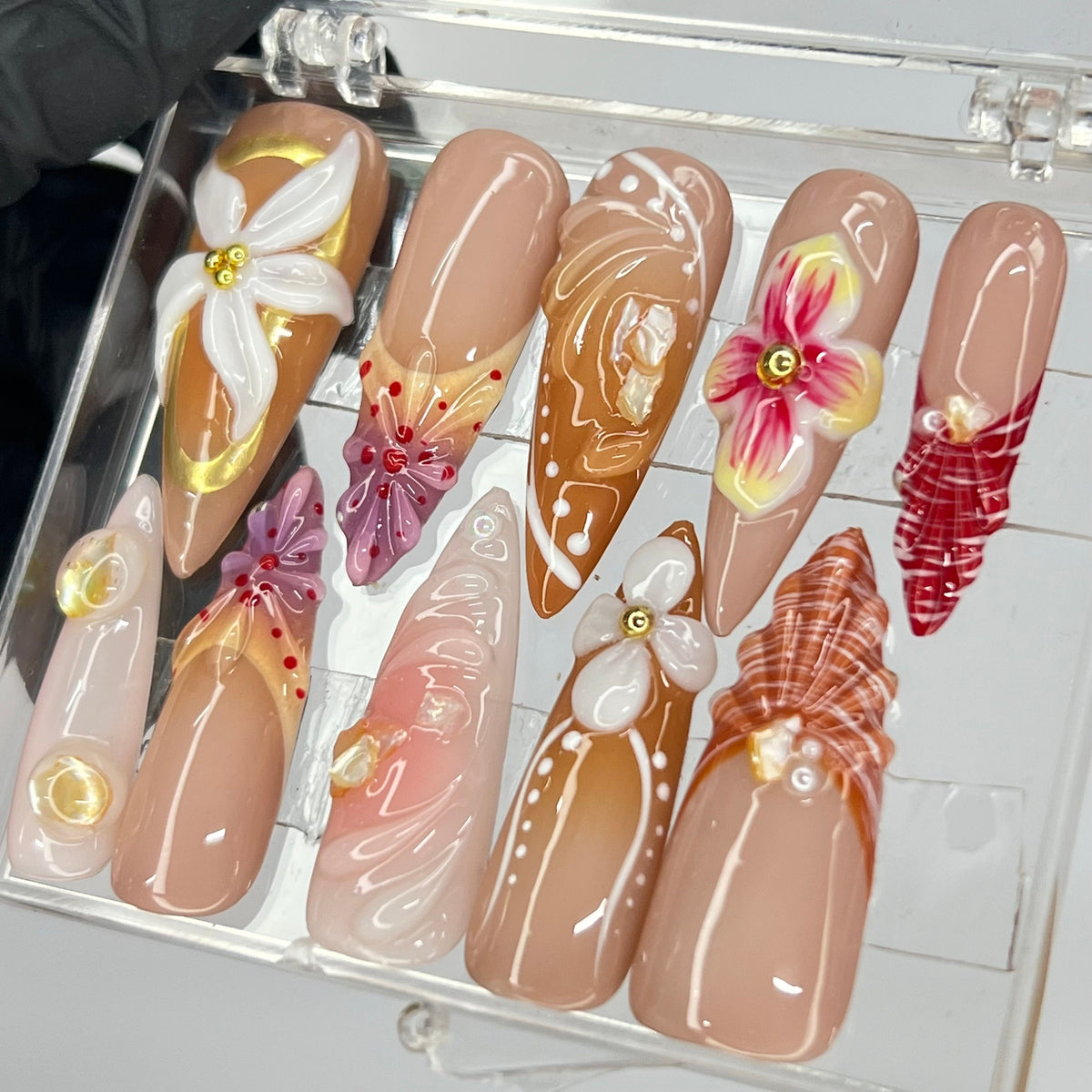 Nude and Caramel Floral Press On Nails with Sculpted Flowers and Gold Accents