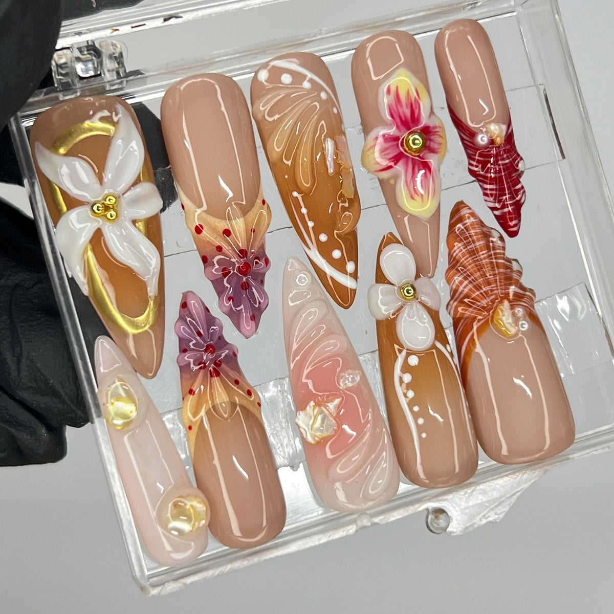Nude and Caramel Floral Press On Nails with Sculpted Flowers and Gold Accents