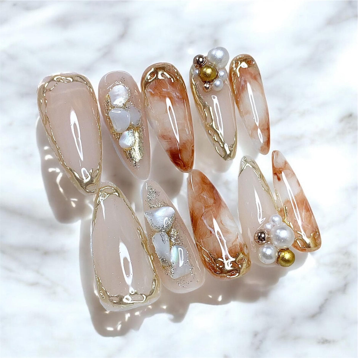 Nude and Caramel Marble Bridal Press-On Nails with Gold Edging and Pearl Accents