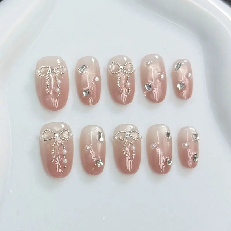 Nude and Dusty Pink Cat Eye Press On Nails with 3D Bows and Silver Accents