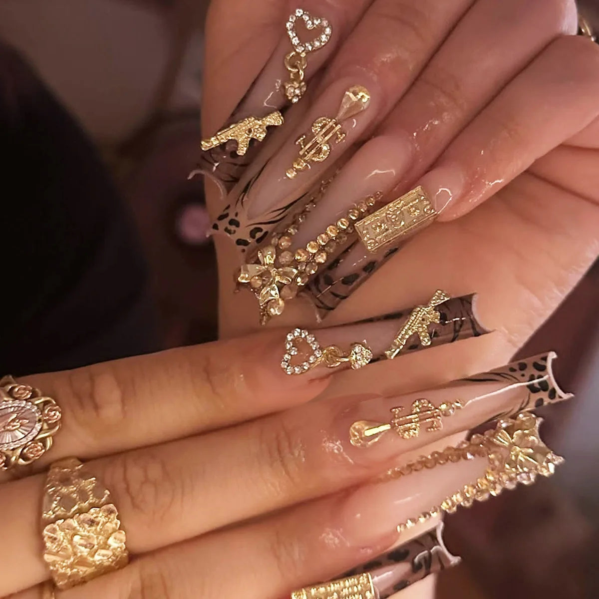 Nude and Gold Charm Press-On Nails with Black Patterning and Rhinestones