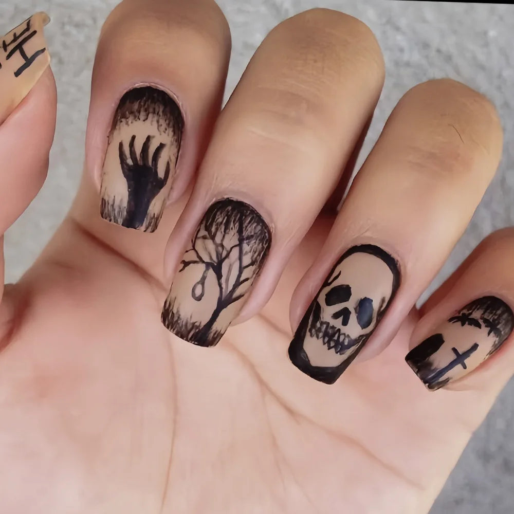 Nude and Gray Halloween Nails with Black Skeleton, Skull and Bare Tree Art