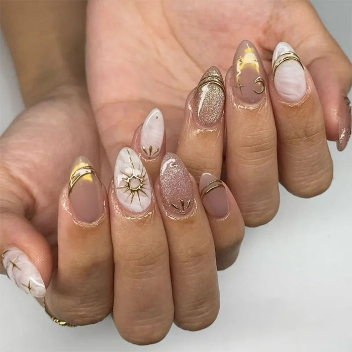 Nude and Mauve Marble Press On Nails with Gold Sun, Crescent Moon, and Celestial Details