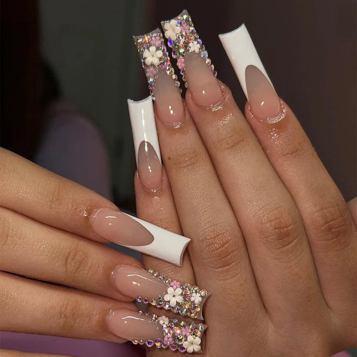 Nude and White French Tip Press On Nails with Glitter, Rhinestones and Floral Accents