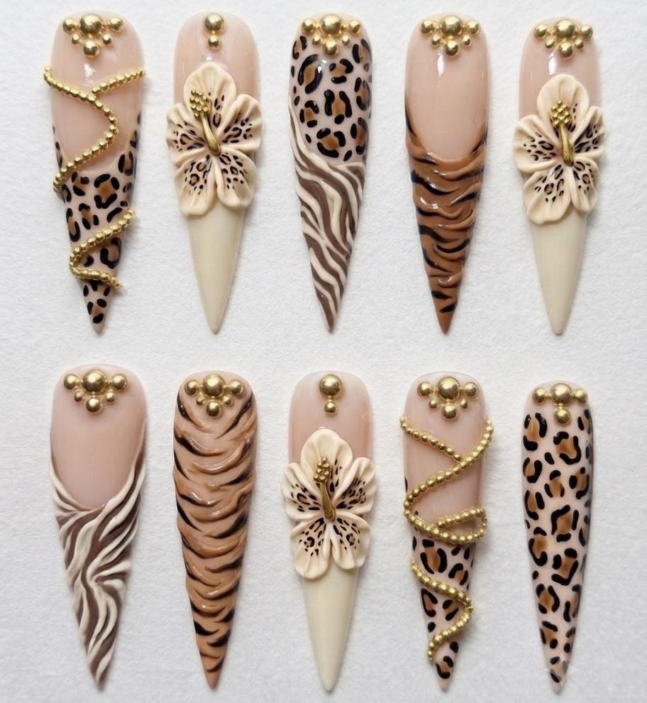 Nude Animal Print Nails With 3D Hibiscus Flowers and Gold Bead Details