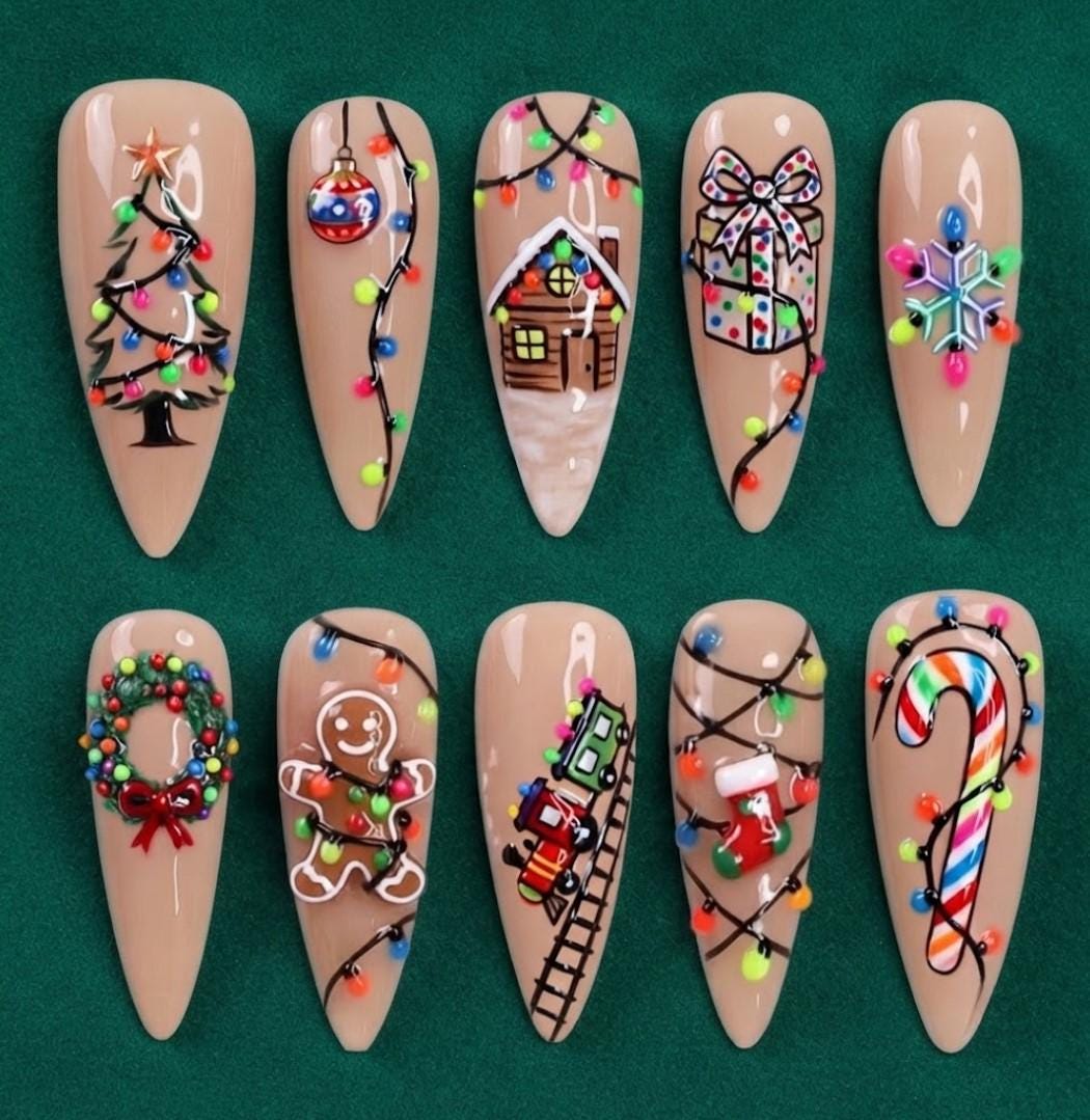 Nude Beige Christmas Nails With Holiday Lights, Gingerbread, Trees and Candy Cane