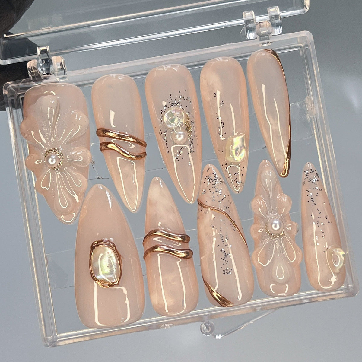 Nude Beige Floral Press-On Nails With Gold Swirls and Gem Accents