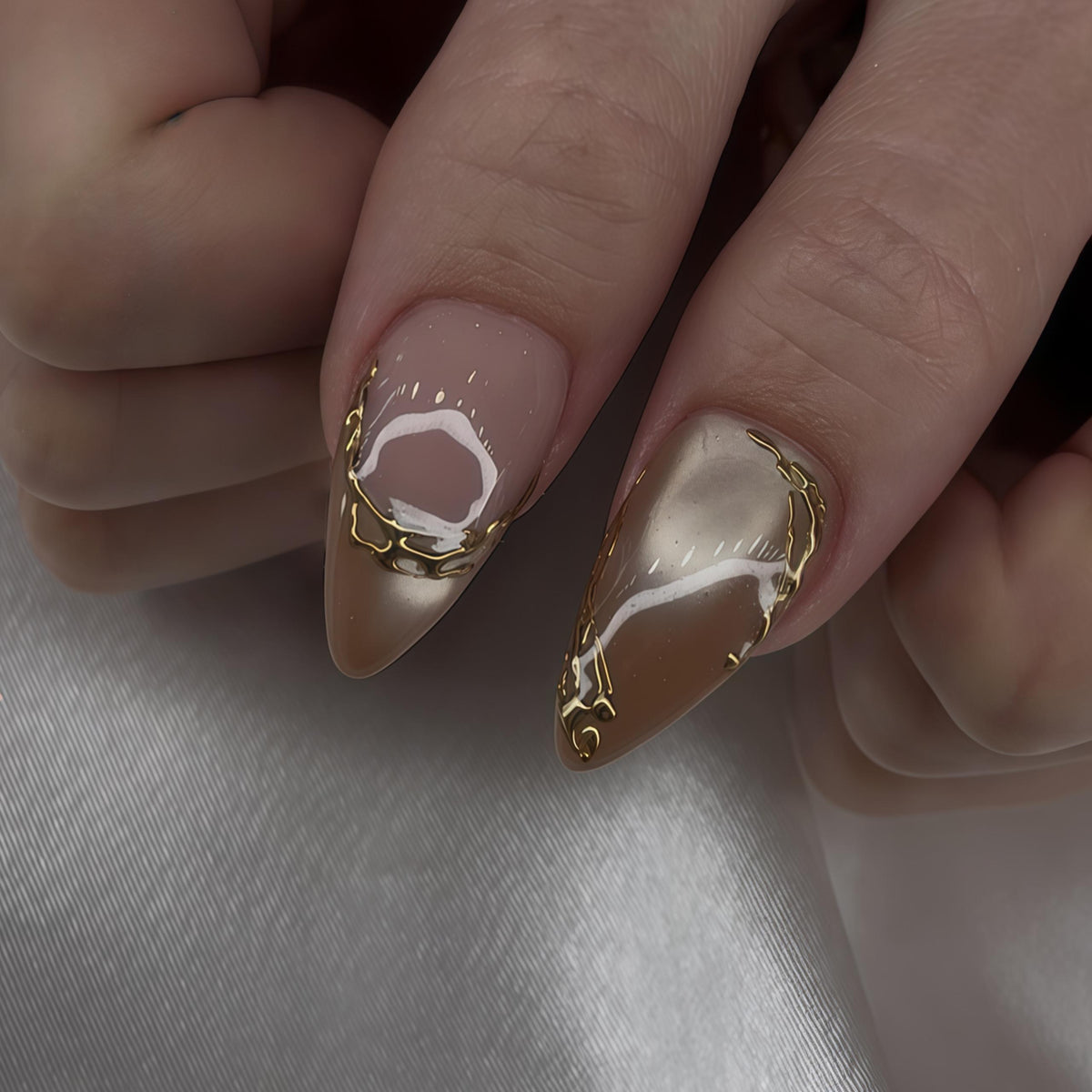 Nude Beige Press On Nails With Sculpted Gold Flowers and White Tips