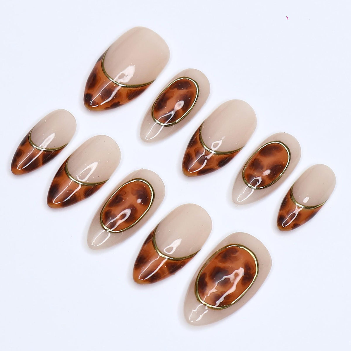 Nude Beige Tortoiseshell Press-On Nails with Fine Gold Outlines