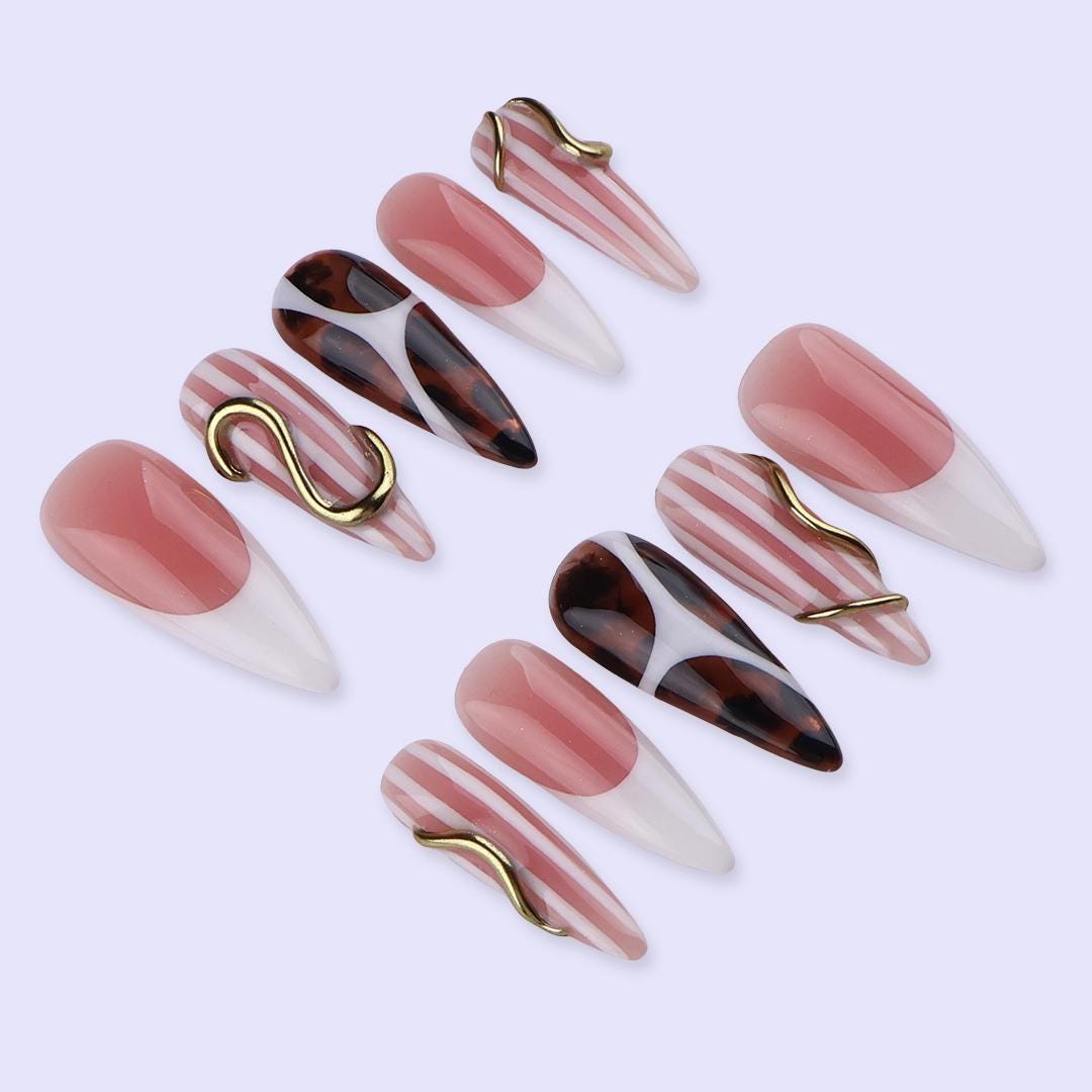 Nude Blush and Tortoiseshell Nails with Stripes and Gold Accents
