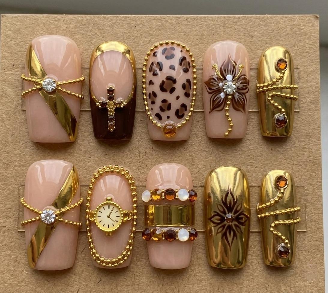 Nude, Brown and Gold Leopard Press-On Nails with Rhinestones and Clock Charms