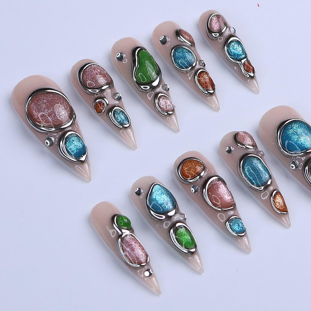 Nude Cat Eye Press-On Nails with Multicolor Chrome Frames