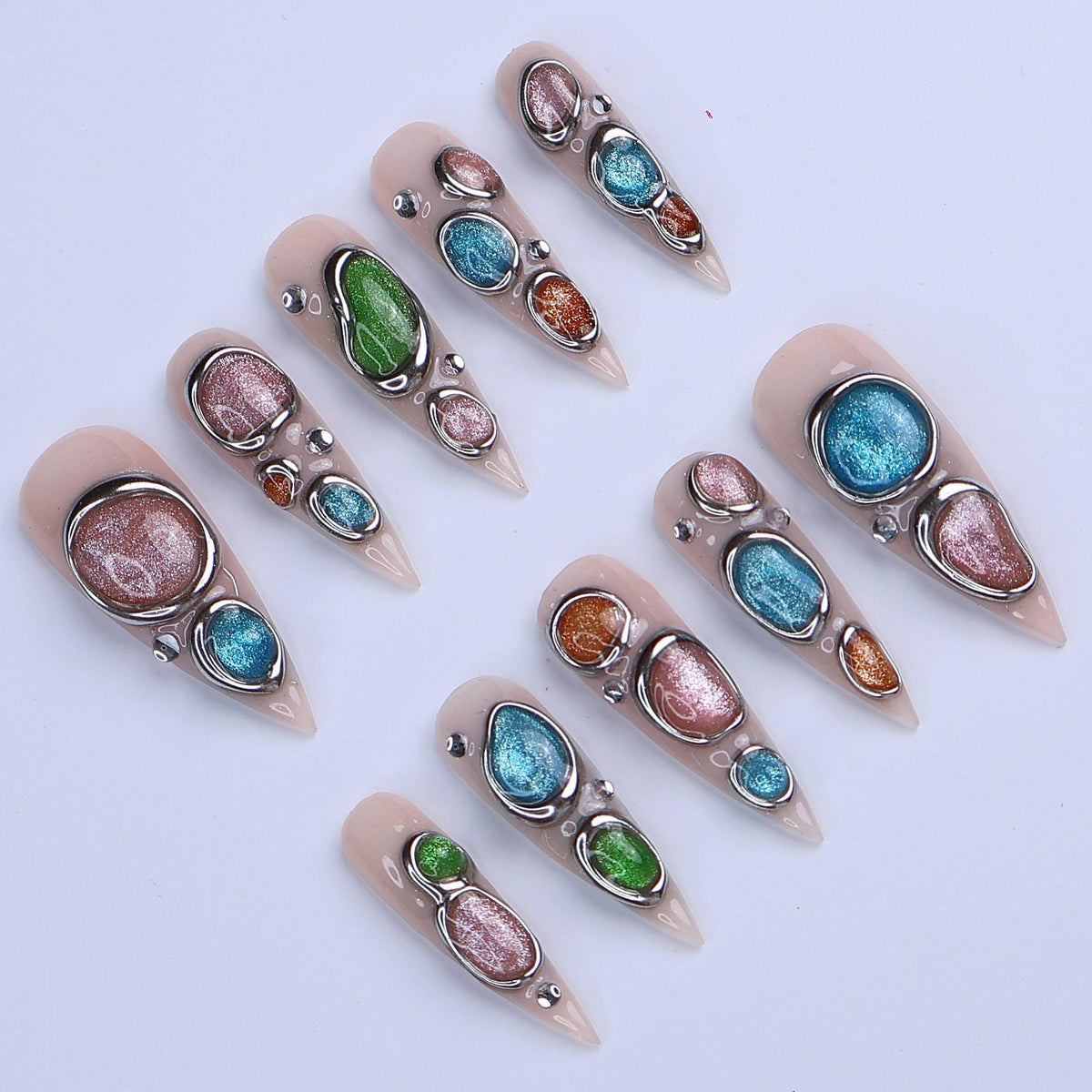 Nude Cat Eye Press-On Nails with Multicolor Chrome Frames