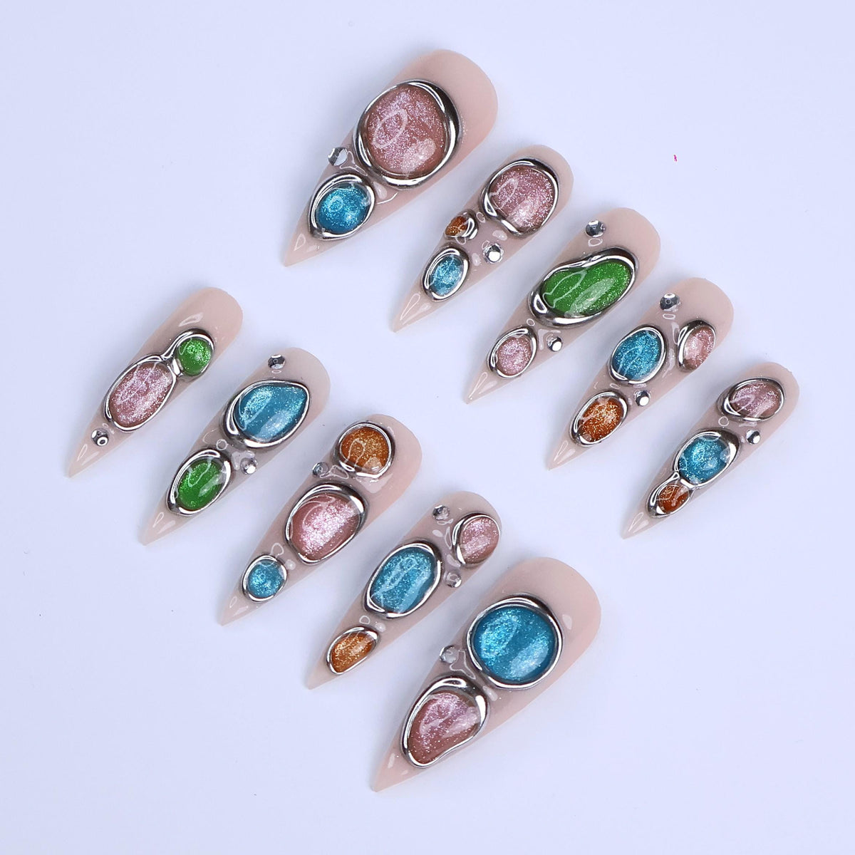 Nude Cat Eye Press-On Nails with Multicolor Chrome Frames