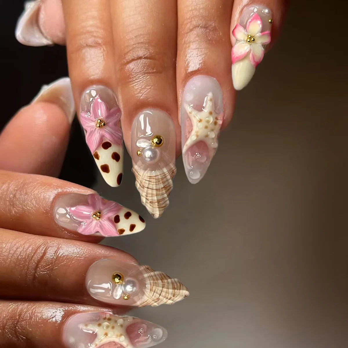 Nude French Tip Nail Set with Leopard Spots, Plaid, 3D Flowers and Gold Details