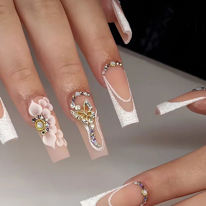 Nude French Tip Press On Nails With White Glitter, 3D Flowers and Gold Rhinestone Accents