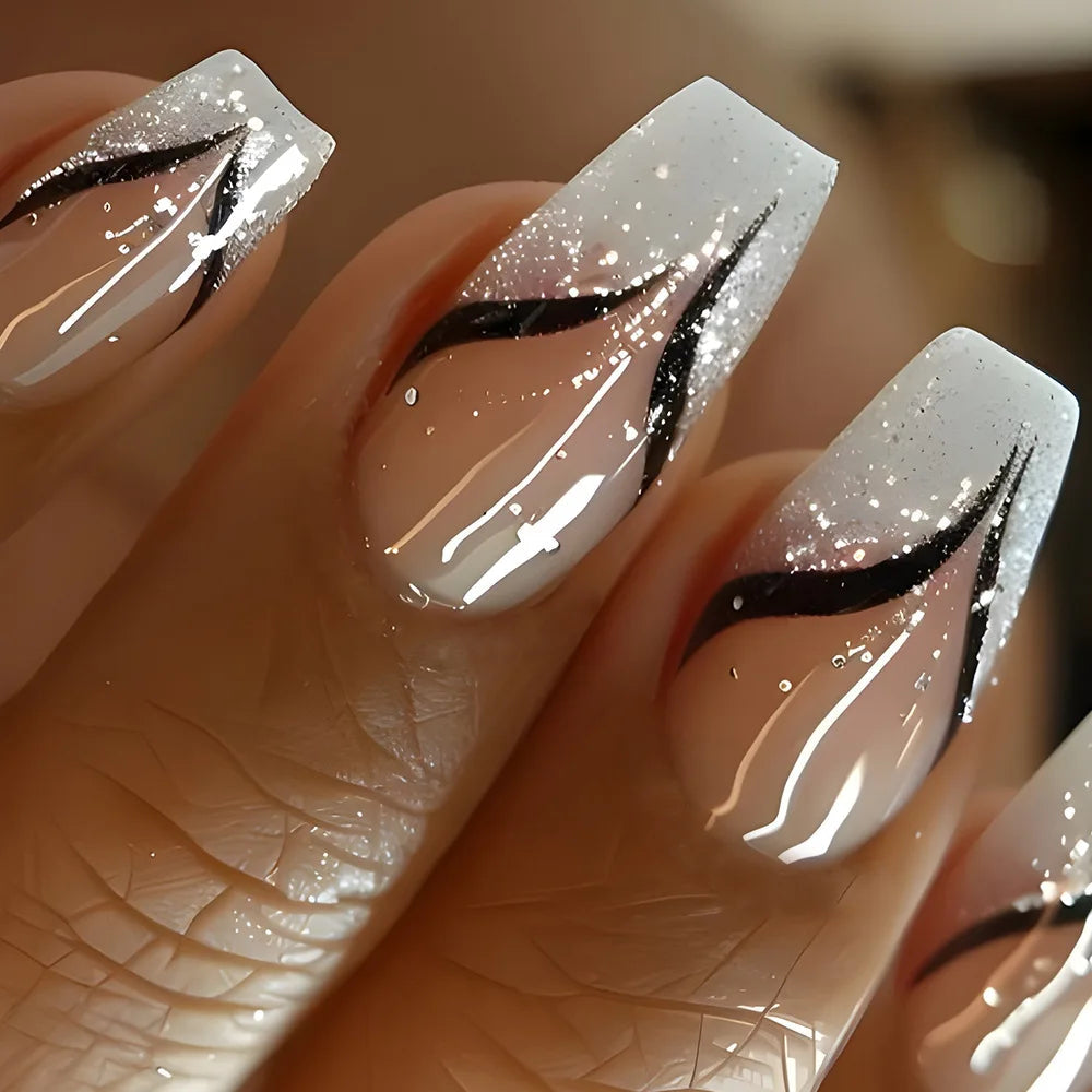 Nude French Tip Nails With White Glitter and Black Line Art
