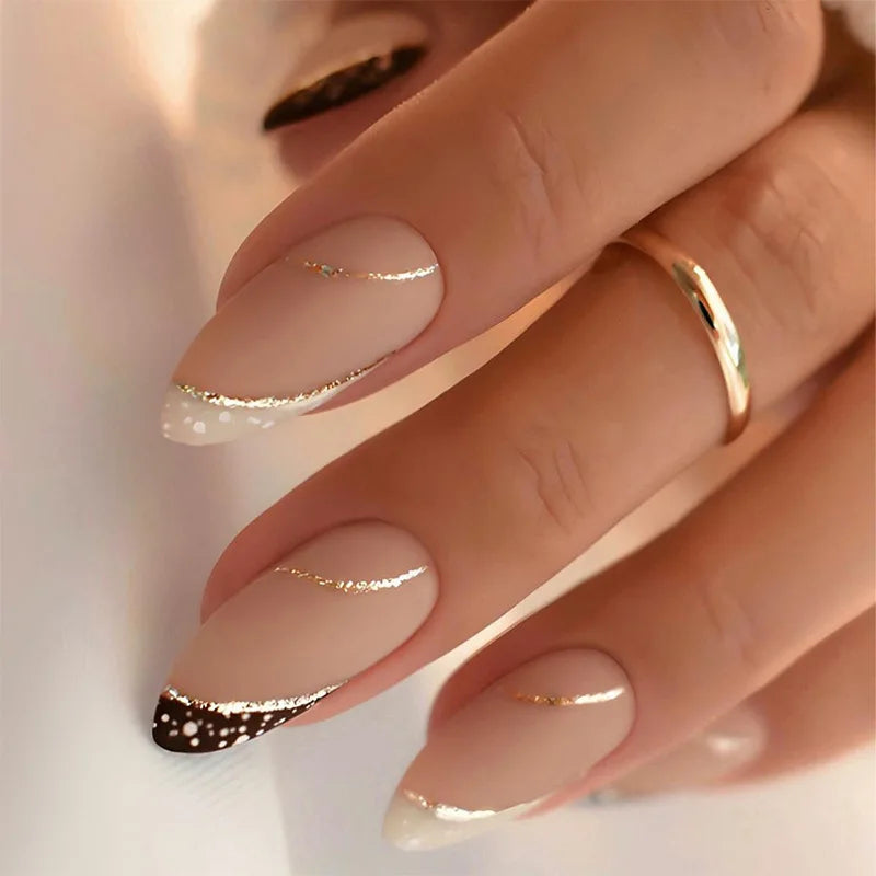 Nude French Tip Press On Nails With Gold Lines and Black Polka Dot Accents