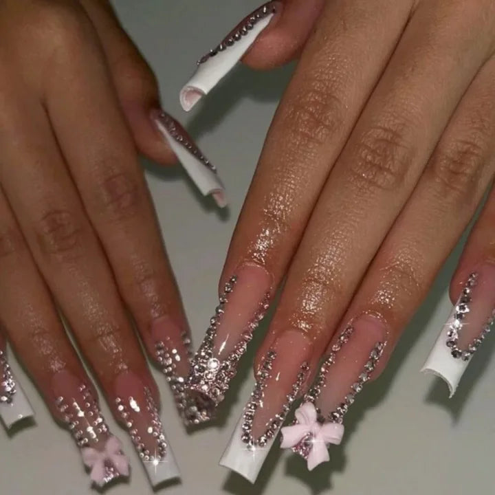 Nude French Tip Press On Nails with Pink Bows and Rhinestones