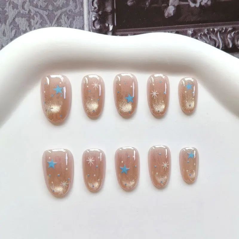 Nude Gold Cat-Eye Press-On Nails With Blue Stars and Polka Dots