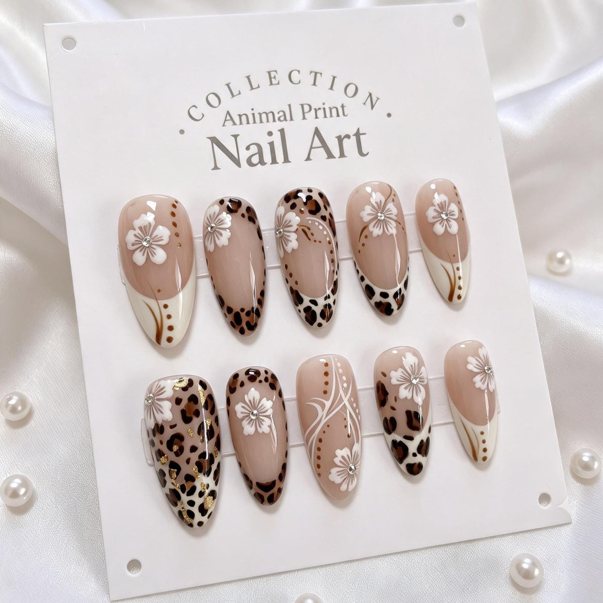 Nude Leopard Print and White Floral French Tip Nail Set