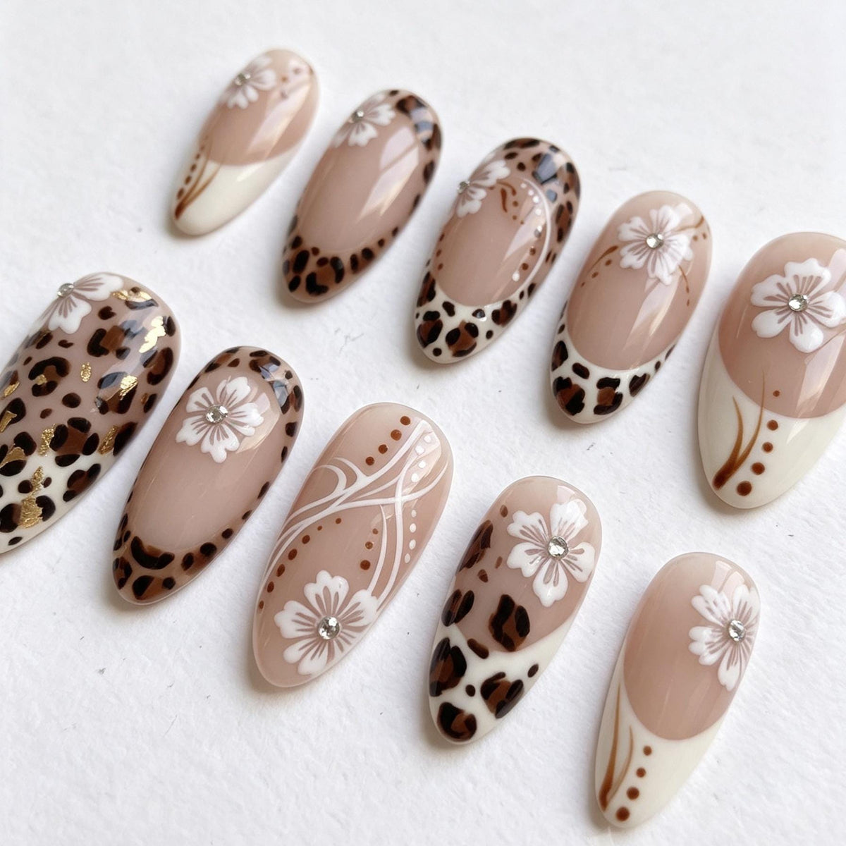 Nude Leopard Print and White Floral French Tip Nail Set