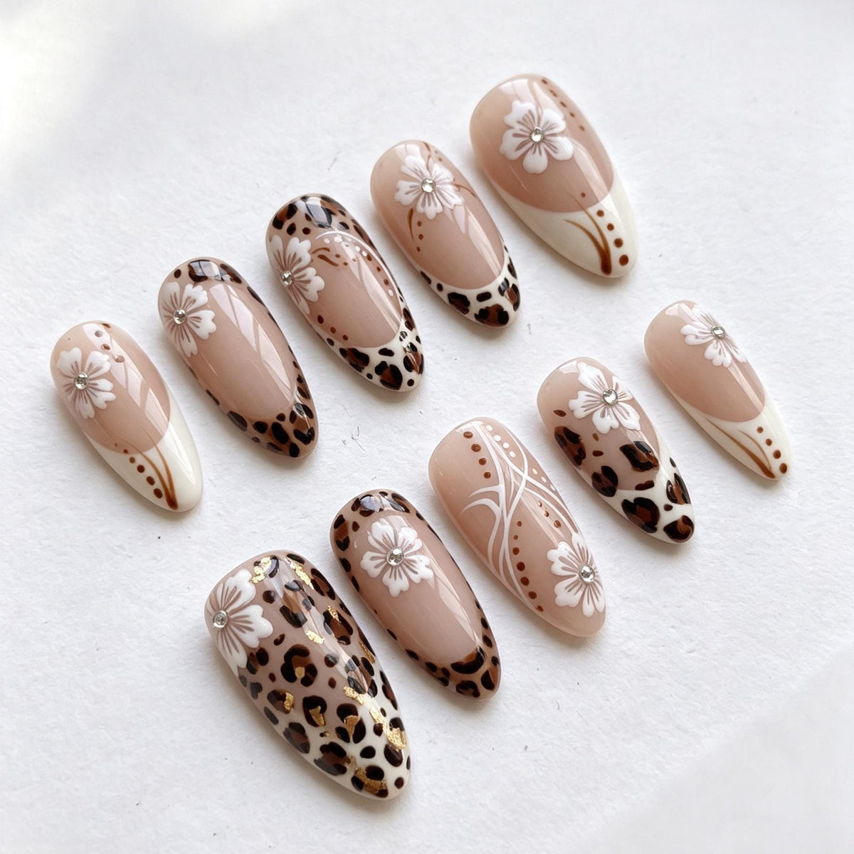 Nude Leopard Print and White Floral French Tip Nail Set